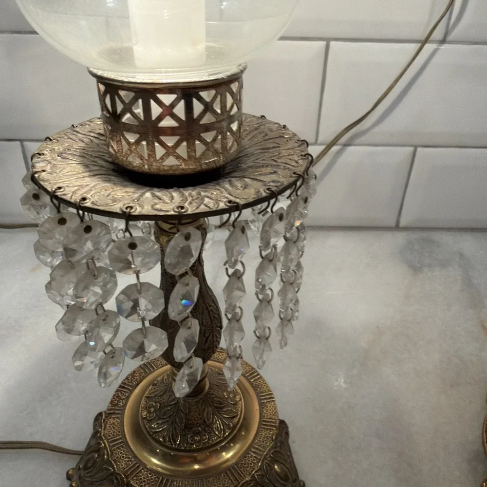 MCM Vtg Art Deco Pair Of Footed Brass Dangling Crystal Hurricane Lamps OLA0001